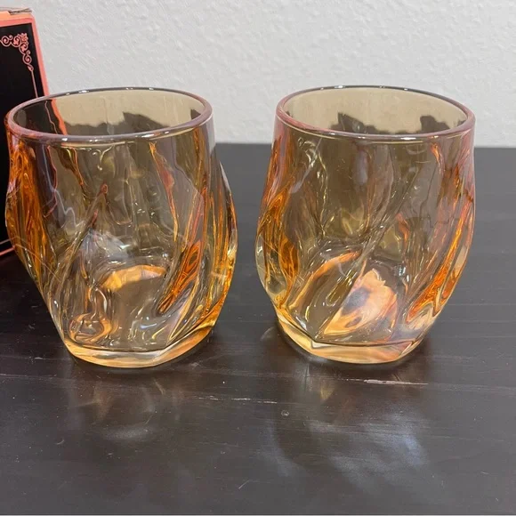 MCM Amber Twisted Whiskey Glasses - Set of 2 - Spiral Lowball Rocks Glass in Box - Picture 9 of 14